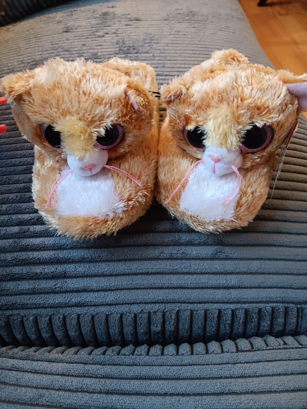 Ty Orange Plush Cat Slippers with White Chest and Pink Details